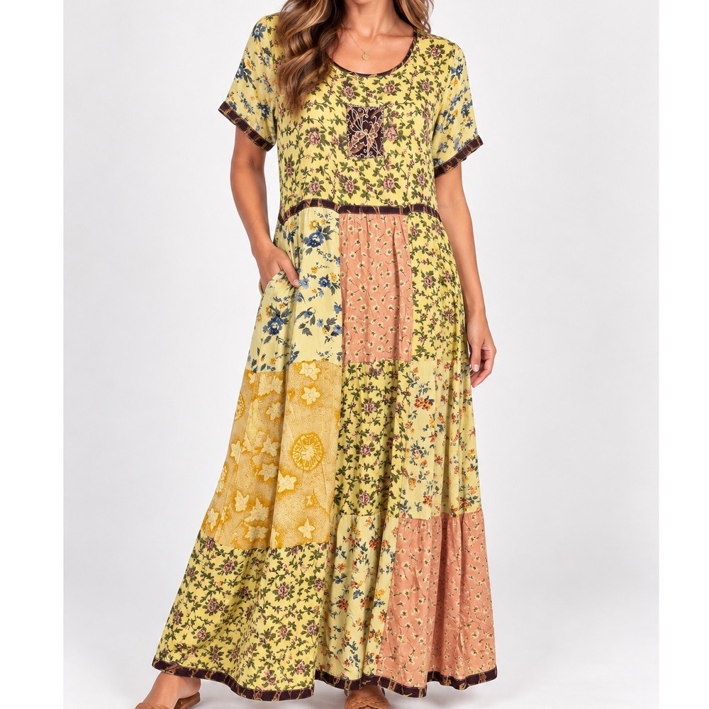 Vintage MSAS Patchwork Floral Maxi Dress 100% Rayon Boho Cottagecore Large